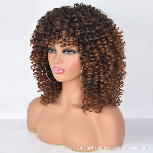 wholesale Natural color synthetic short curly wig vendors Afro Heat Resistant fiber kinky curly with bangs wigs for black women